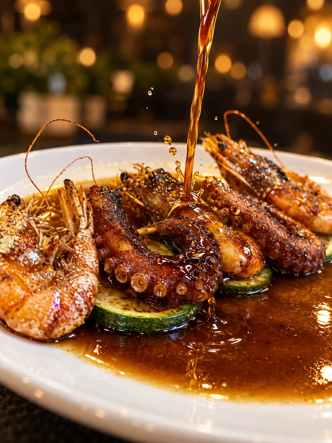 Pulpo y camarones bañados en salsa en Cruderia